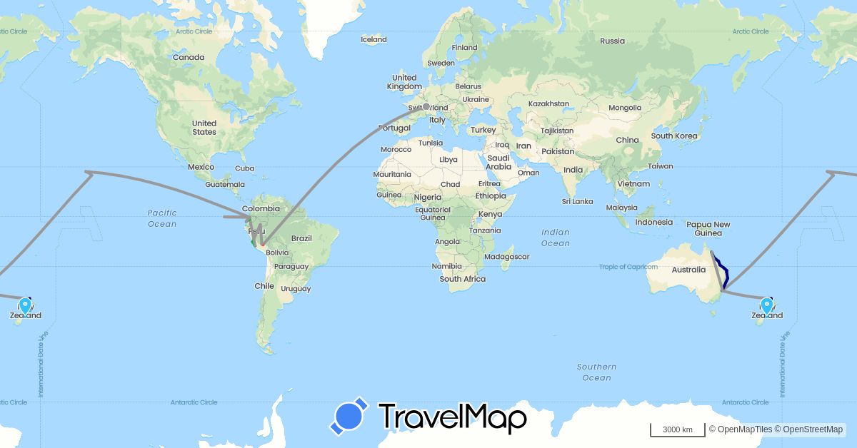 TravelMap itinerary: driving, bus, plane, hiking, boat in Australia, Switzerland, Ecuador, New Zealand, Peru, United States (Europe, North America, Oceania, South America)